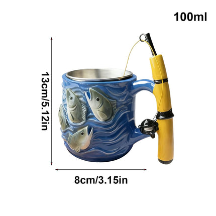 Fishing Rod Ceramic Mug with Realistic Fish Design, 100ml Mini Coffee Cup for Anglers – Durable & Fun Gift for Outdoor Enthusiasts, Office, Camping, or Home Use (Blue).