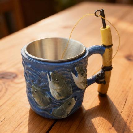 Fishing Rod Ceramic Mug with Realistic Fish Design, 100ml Mini Coffee Cup for Anglers – Durable & Fun Gift for Outdoor Enthusiasts, Office, Camping, or Home Use (Blue).