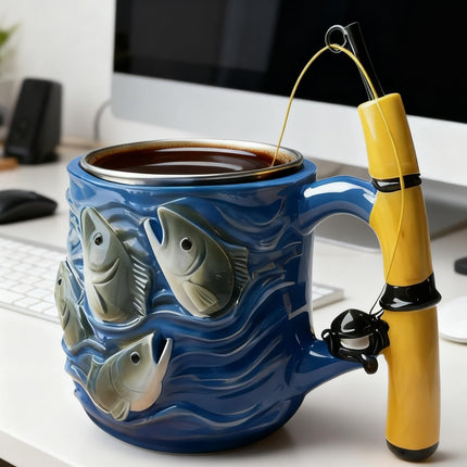 Fishing Rod Ceramic Mug with Realistic Fish Design, 100ml Mini Coffee Cup for Anglers – Durable & Fun Gift for Outdoor Enthusiasts, Office, Camping, or Home Use (Blue).