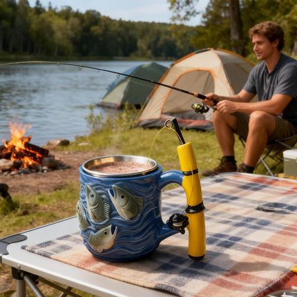 Fishing Rod Ceramic Mug with Realistic Fish Design, 100ml Mini Coffee Cup for Anglers – Durable & Fun Gift for Outdoor Enthusiasts, Office, Camping, or Home Use (Blue).