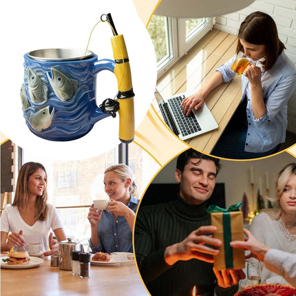 Fishing Rod Ceramic Mug with Realistic Fish Design, 100ml Mini Coffee Cup for Anglers – Durable & Fun Gift for Outdoor Enthusiasts, Office, Camping, or Home Use (Blue).