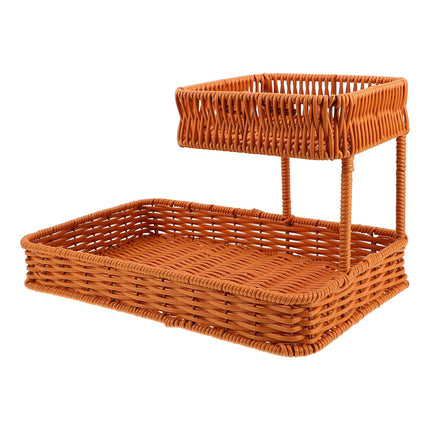 Two-Tier Woven Snack Basket Organizer – Decorative Storage Tray for Kitchen Countertop, Coffee Table, Bathroom Vanity, and Dining Room – Holds Fruit, Bread, Cosmetics, Jewelry, and Tea Sets – Rustic Brown Rattan-Look Home Decor Basket (Brown).