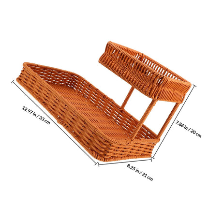 Two-Tier Woven Snack Basket Organizer – Decorative Storage Tray for Kitchen Countertop, Coffee Table, Bathroom Vanity, and Dining Room – Holds Fruit, Bread, Cosmetics, Jewelry, and Tea Sets – Rustic Brown Rattan-Look Home Decor Basket (Brown).