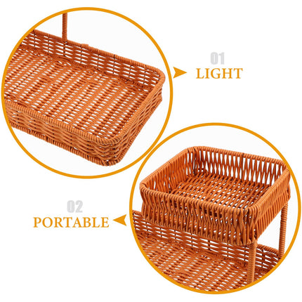 Two-Tier Woven Snack Basket Organizer – Decorative Storage Tray for Kitchen Countertop, Coffee Table, Bathroom Vanity, and Dining Room – Holds Fruit, Bread, Cosmetics, Jewelry, and Tea Sets – Rustic Brown Rattan-Look Home Decor Basket (Brown).