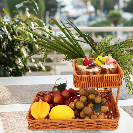 Two-Tier Woven Snack Basket Organizer – Decorative Storage Tray for Kitchen Countertop, Coffee Table, Bathroom Vanity, and Dining Room – Holds Fruit, Bread, Cosmetics, Jewelry, and Tea Sets – Rustic Brown Rattan-Look Home Decor Basket (Brown).