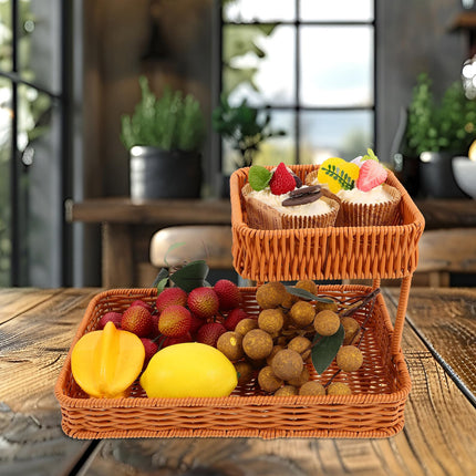 Two-Tier Woven Snack Basket Organizer – Decorative Storage Tray for Kitchen Countertop, Coffee Table, Bathroom Vanity, and Dining Room – Holds Fruit, Bread, Cosmetics, Jewelry, and Tea Sets – Rustic Brown Rattan-Look Home Decor Basket (Brown).