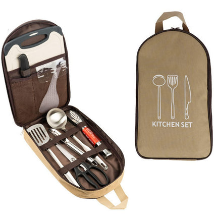 Multi-Functional Outdoor Kitchen Utensil Organizer – Durable Travel Storage Bag with Elastic Straps, Mesh Pockets & Carry Handle, Compact Size (Khaki).