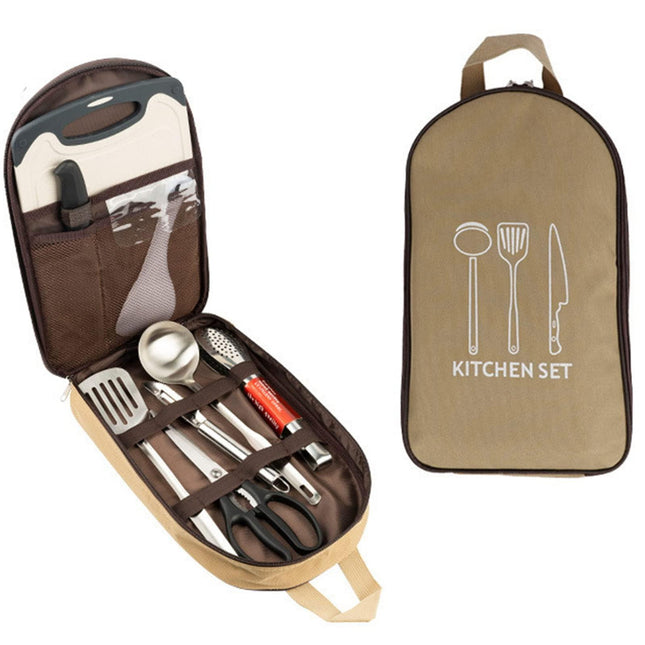 Multi-Functional Outdoor Kitchen Utensil Organizer – Durable Travel Storage Bag with Elastic Straps, Mesh Pockets & Carry Handle, Compact Size (Khaki).
