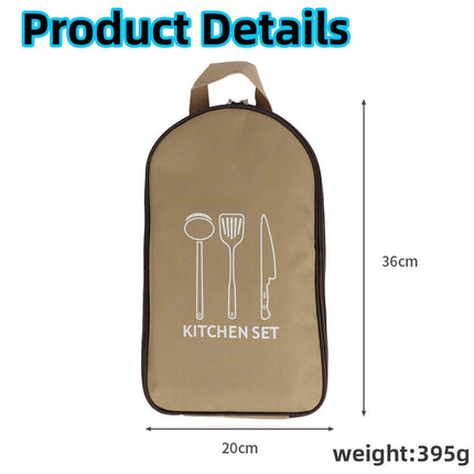 Multi-Functional Outdoor Kitchen Utensil Organizer – Durable Travel Storage Bag with Elastic Straps, Mesh Pockets & Carry Handle, Compact Size (Khaki).