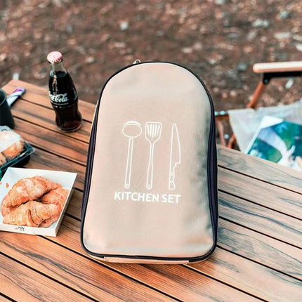 Multi-Functional Outdoor Kitchen Utensil Organizer – Durable Travel Storage Bag with Elastic Straps, Mesh Pockets & Carry Handle, Compact Size (Khaki).