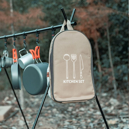 Multi-Functional Outdoor Kitchen Utensil Organizer – Durable Travel Storage Bag with Elastic Straps, Mesh Pockets & Carry Handle, Compact Size (Khaki).