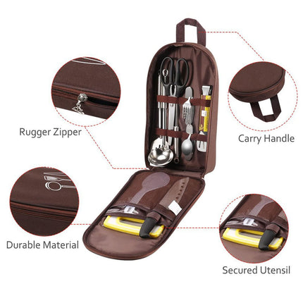 Multi-Functional Outdoor Kitchen Utensil Organizer – Durable Travel Storage Bag with Elastic Straps, Mesh Pockets & Carry Handle, Compact Size (Khaki).