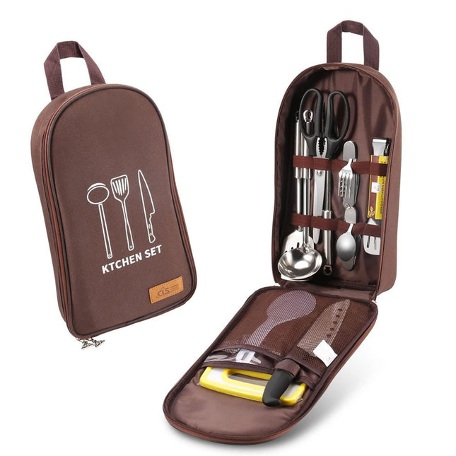 Multi-Functional Outdoor Kitchen Utensil Organizer – Durable Travel Storage Bag with Elastic Straps, Mesh Pockets & Carry Handle, Compact Size (Brown).