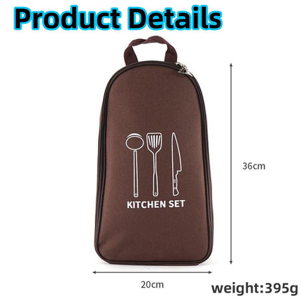 Multi-Functional Outdoor Kitchen Utensil Organizer – Durable Travel Storage Bag with Elastic Straps, Mesh Pockets & Carry Handle, Compact Size (Brown).