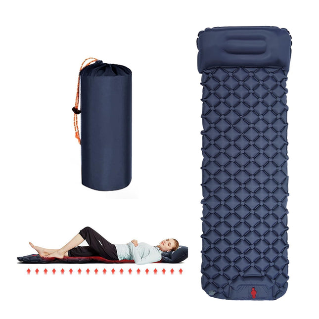 Ultralight Camping Sleeping Pad: Built-in Foot Pump, Integrated Pillow – Compact, Waterproof for Hiking/Backpacking (Dark Blue).