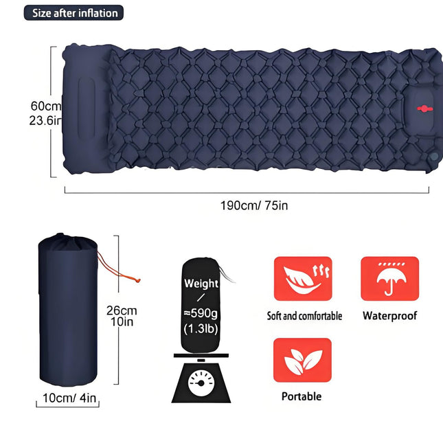Ultralight Camping Sleeping Pad: Built-in Foot Pump, Integrated Pillow – Compact, Waterproof for Hiking/Backpacking (Dark Blue).