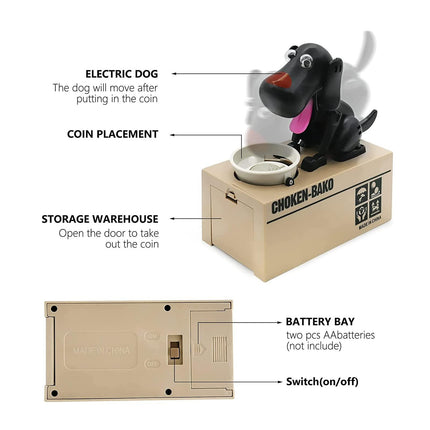 Interactive Dog Coin Bank – Automatic Electric Money Saving Piggy Bank with Moving Dog Design – Fun Kids Gift & Desk Decor (Black).
