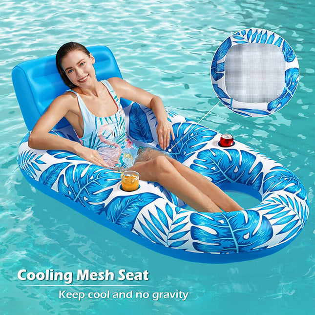 Inflatable Pool Lounger Float with Backrest & Cup Holders – U-Shaped Floating Chair for Pool, Lake, Beach (Blue).