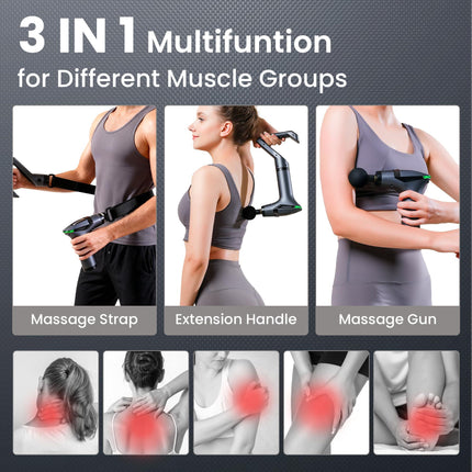 Black 3-in-1 Massage Gun with Extendable Handle & Back Strap – 12-Speed Deep Tissue Muscle Massager, 4 Attachments, USB-C Charging, for Athletes, Gym Recovery & Seniors.