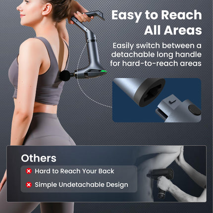 Black 3-in-1 Massage Gun with Extendable Handle & Back Strap – 12-Speed Deep Tissue Muscle Massager, 4 Attachments, USB-C Charging, for Athletes, Gym Recovery & Seniors.