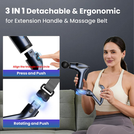 Black 3-in-1 Massage Gun with Extendable Handle & Back Strap – 12-Speed Deep Tissue Muscle Massager, 4 Attachments, USB-C Charging, for Athletes, Gym Recovery & Seniors.