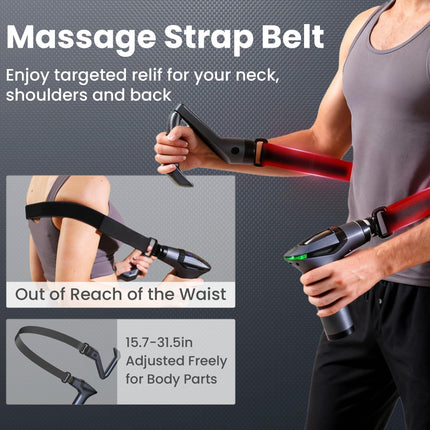 Black 3-in-1 Massage Gun with Extendable Handle & Back Strap – 12-Speed Deep Tissue Muscle Massager, 4 Attachments, USB-C Charging, for Athletes, Gym Recovery & Seniors.