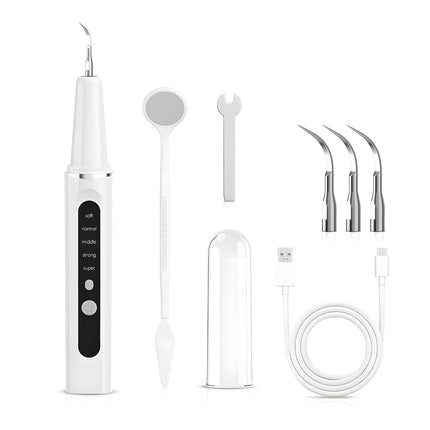 High-End Ultrasonic Tooth Cleaner with LED Light & Smart Gum Protection – 5 Modes, IPX7 Waterproof, Rechargeable, 3 Replacement Tips (White).