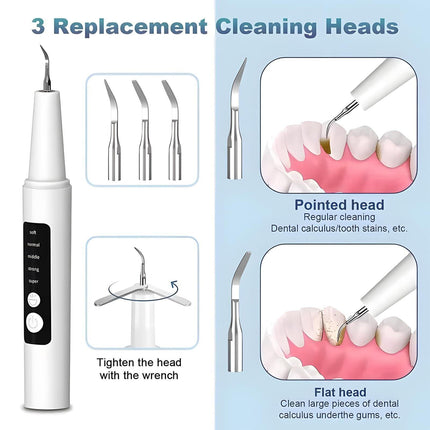 High-End Ultrasonic Tooth Cleaner with LED Light & Smart Gum Protection – 5 Modes, IPX7 Waterproof, Rechargeable, 3 Replacement Tips (White).