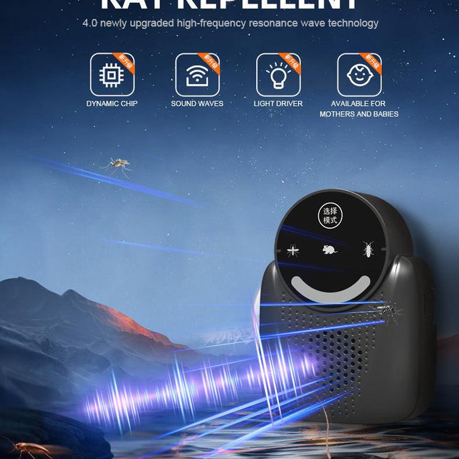USB Ultrasonic Pest Repeller with Dynamic Frequency & Flash Light – Smart Rat, Mosquito & Cockroach Deterrent for Home, Garage, Warehouse (Black).