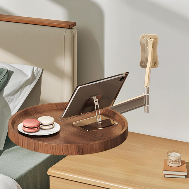 Wall-Mounted Foldable Round Table – Telescopic Adjustable Bedside Desk with Aluminum Alloy Support, Multi-Use Floating Table for Bedroom, Living Room, Balcony (Walnut).