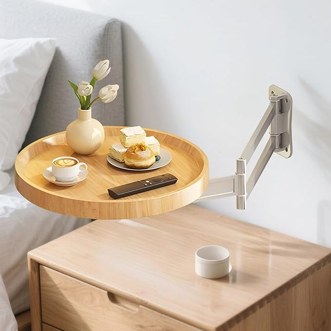 Wall-Mounted Foldable Round Table – Telescopic Adjustable Bedside Desk with Aluminum Alloy Support, Multi-Use Floating Table for Bedroom, Living Room, Balcony (Original Wood).