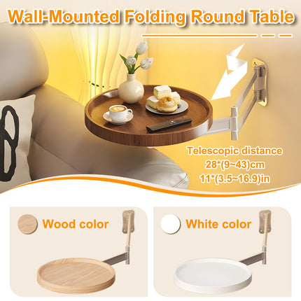 Wall-Mounted Foldable Round Table – Telescopic Adjustable Bedside Desk with Aluminum Alloy Support, Multi-Use Floating Table for Bedroom, Living Room, Balcony (Original Wood).