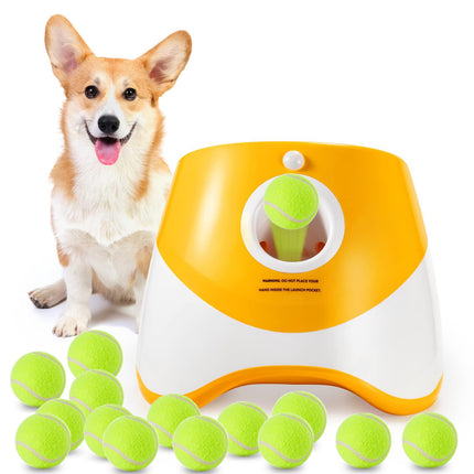 Automatic Dog Ball Launcher with 15 Mini Tennis Balls & Mesh Bag – Rechargeable Pet Toy for Small Dogs, Adjustable Launch Distance, Interactive Play (Orange).