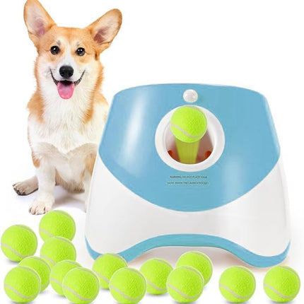 Automatic Dog Ball Launcher with 15 Mini Tennis Balls & Mesh Bag – Rechargeable Pet Toy for Small Dogs, Adjustable Launch Distance, Interactive Play (Blue).