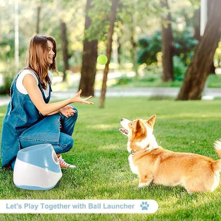 Automatic Dog Ball Launcher with 15 Mini Tennis Balls & Mesh Bag – Rechargeable Pet Toy for Small Dogs, Adjustable Launch Distance, Interactive Play (Blue).