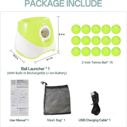Automatic Dog Ball Launcher with 15 Mini Tennis Balls & Mesh Bag – Rechargeable Pet Toy for Small Dogs, Adjustable Launch Distance, Interactive Play (Light Green).