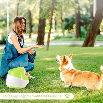 Automatic Dog Ball Launcher with 15 Mini Tennis Balls & Mesh Bag – Rechargeable Pet Toy for Small Dogs, Adjustable Launch Distance, Interactive Play (Light Green).