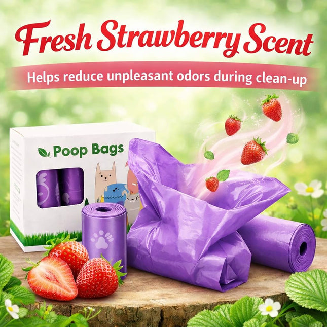 Dog Poop Bags with Dispenser – 240 Count, Leak-Proof, Strawberry Scented, Large Size for All Dogs, Biodegradable & Durable (Purple).