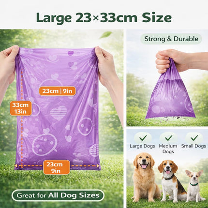 Dog Poop Bags with Dispenser – 240 Count, Leak-Proof, Strawberry Scented, Large Size for All Dogs, Biodegradable & Durable (Purple).