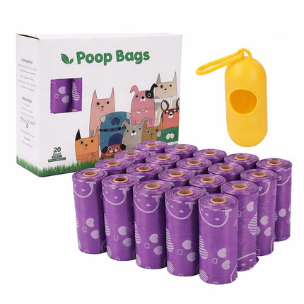 Dog Poop Bags with Dispenser – 300 Count, Leak-Proof, Strawberry Scented, Large Size for All Dogs, Biodegradable & Durable (Purple).