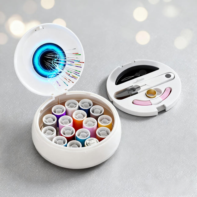Modern Magnetic Sewing Kit – Compact Travel Sewing Box with Strong Magnetic Lid, 16-Thread Spools & Tools, Portable Needle Organizer for Home & On-the-Go Use (White).