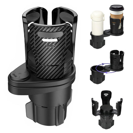 Dual Cup Holder Expander with 360° Rotating Tray – Adjustable Drink & Snack Organizer for Cars, Trucks, SUVs and RVs (Black).