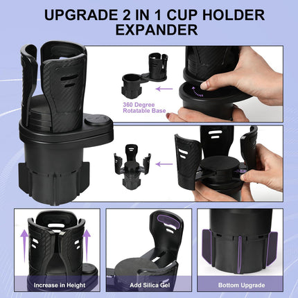 Dual Cup Holder Expander with 360° Rotating Tray – Adjustable Drink & Snack Organizer for Cars, Trucks, SUVs and RVs (Black).