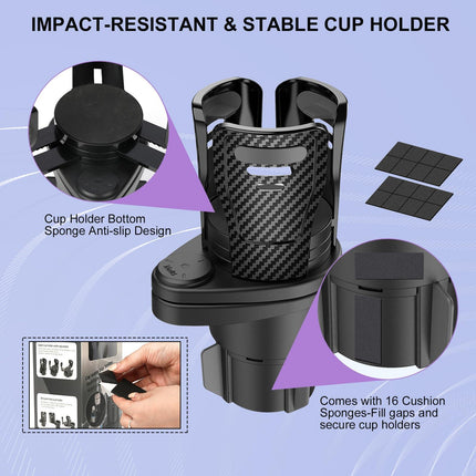 Dual Cup Holder Expander with 360° Rotating Tray – Adjustable Drink & Snack Organizer for Cars, Trucks, SUVs and RVs (Black).