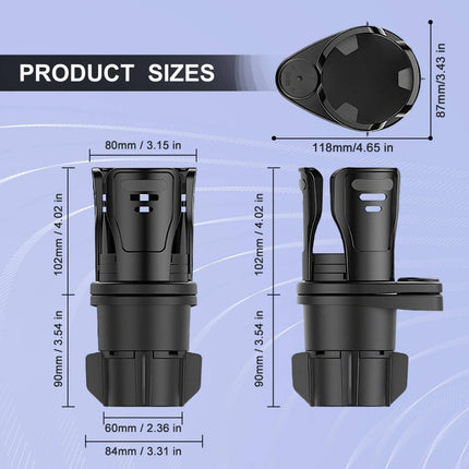 Dual Cup Holder Expander with 360° Rotating Tray – Adjustable Drink & Snack Organizer for Cars, Trucks, SUVs and RVs (Black).