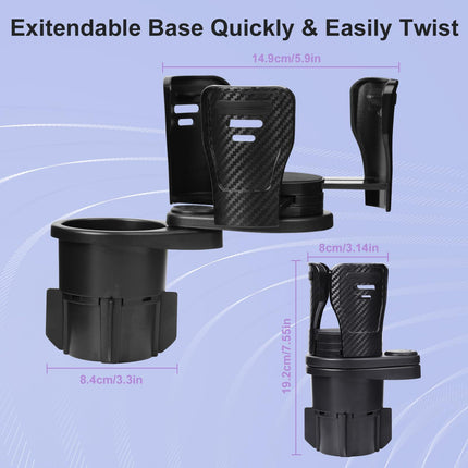 Dual Cup Holder Expander with 360° Rotating Tray – Adjustable Drink & Snack Organizer for Cars, Trucks, SUVs and RVs (Black).