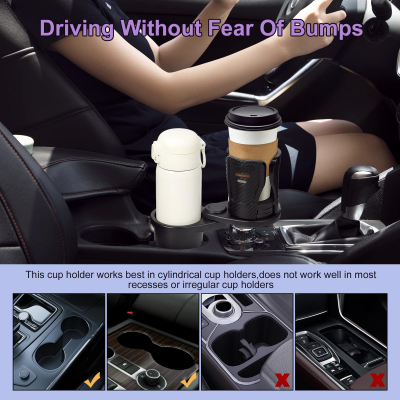 Dual Cup Holder Expander with 360° Rotating Tray – Adjustable Drink & Snack Organizer for Cars, Trucks, SUVs and RVs (Black).