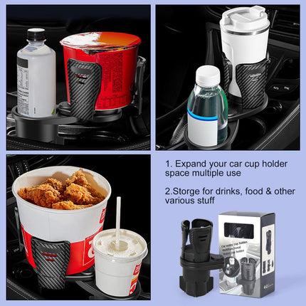 Dual Cup Holder Expander with 360° Rotating Tray – Adjustable Drink & Snack Organizer for Cars, Trucks, SUVs and RVs (Black).