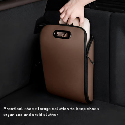 Car Shoe Storage Box – Portable Leather-Look Organizer for Passenger Seat or Trunk, Dustproof and Moisture-Resistant with Zipper and Handle (Brown).