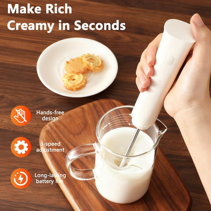 White Hands-Free Milk Frother – 2000mAh Rechargeable Coffee & Drink Mixer for Latte, Cappuccino, Matcha & More | Perfect for Home, Office & Travel.